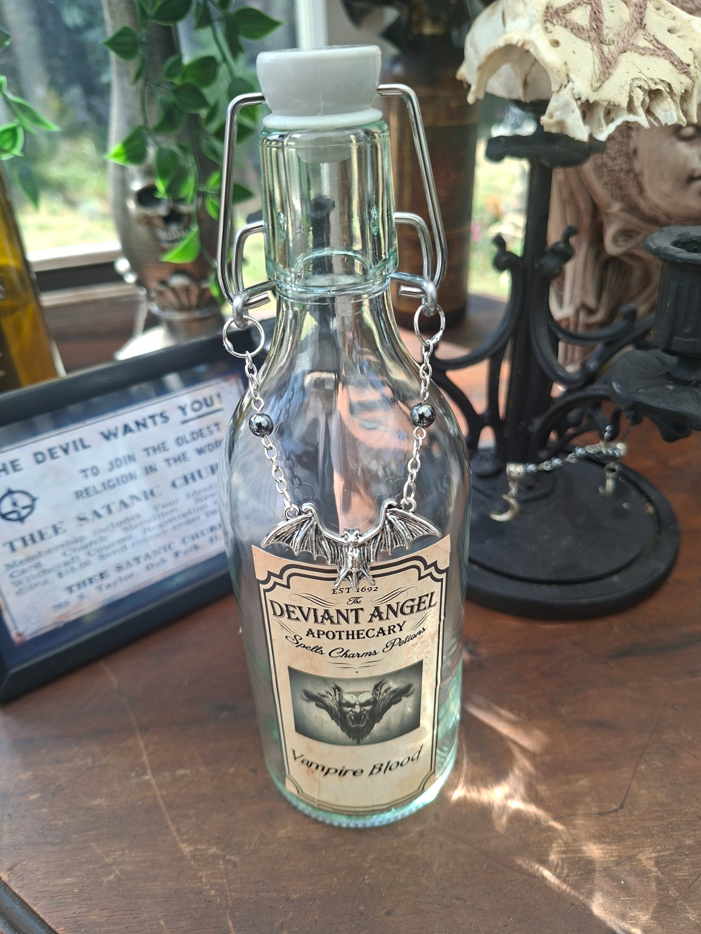 apothecary bottle "Vampire Blood" with Bat rosary detail : Oddity curiosity Gothic Witchy Vampire
