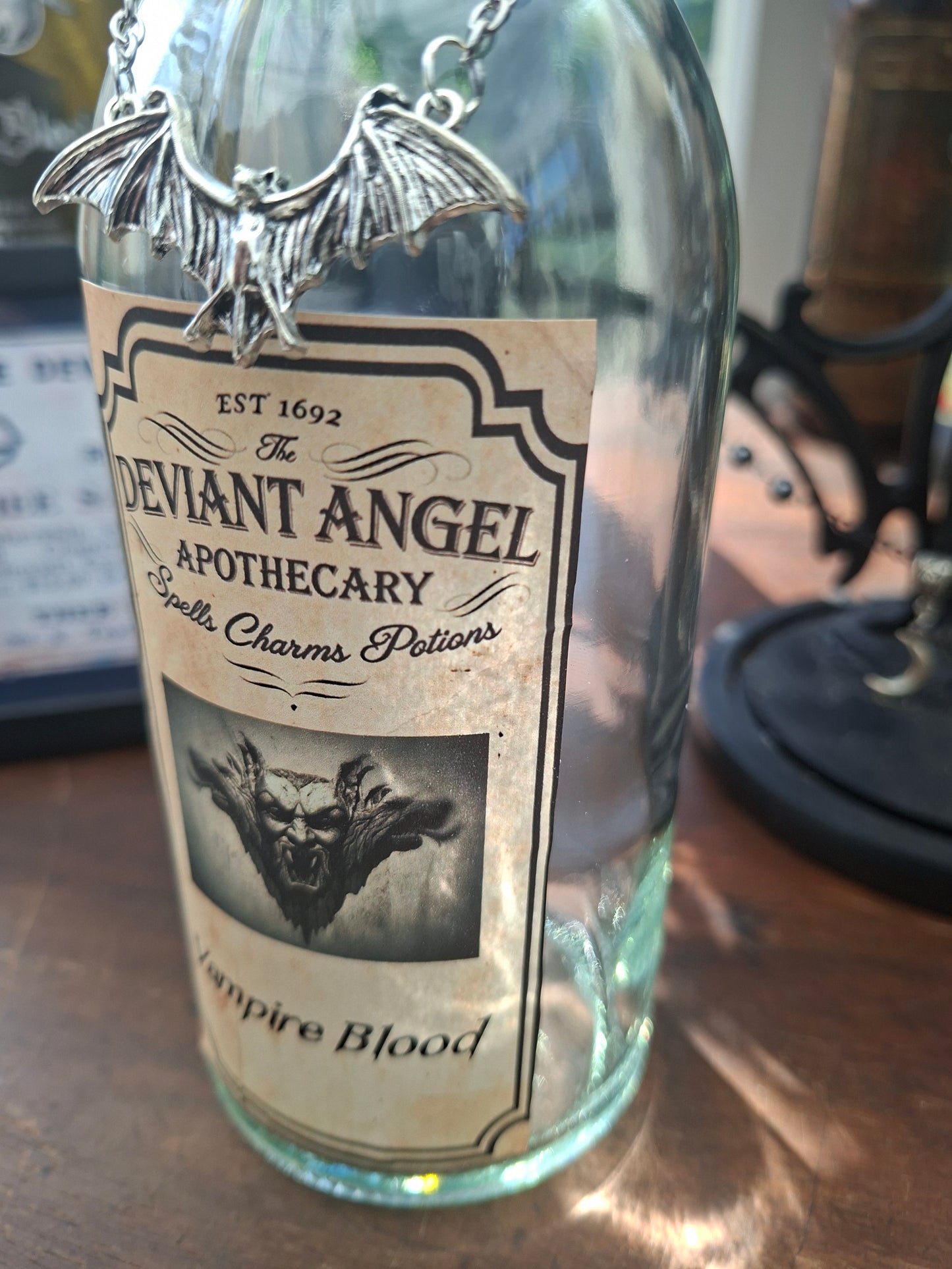 apothecary bottle "Vampire Blood" with Bat rosary detail : Oddity curiosity Gothic Witchy Vampire