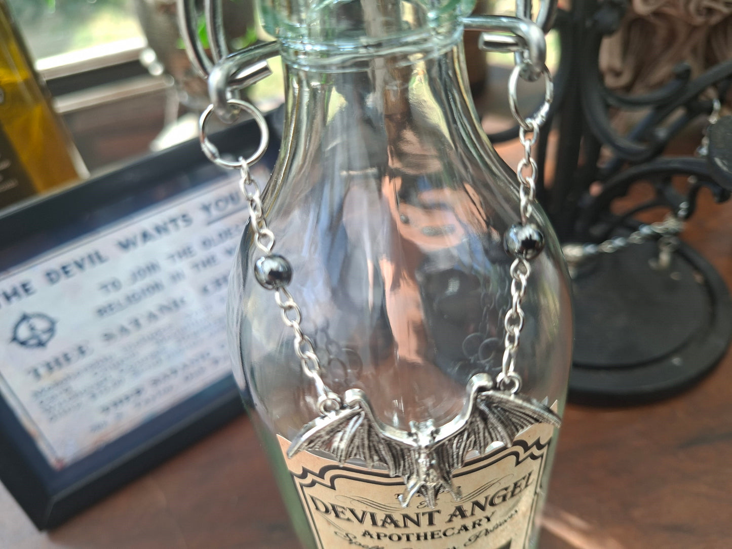 apothecary bottle "Vampire Blood" with Bat rosary detail : Oddity curiosity Gothic Witchy Vampire