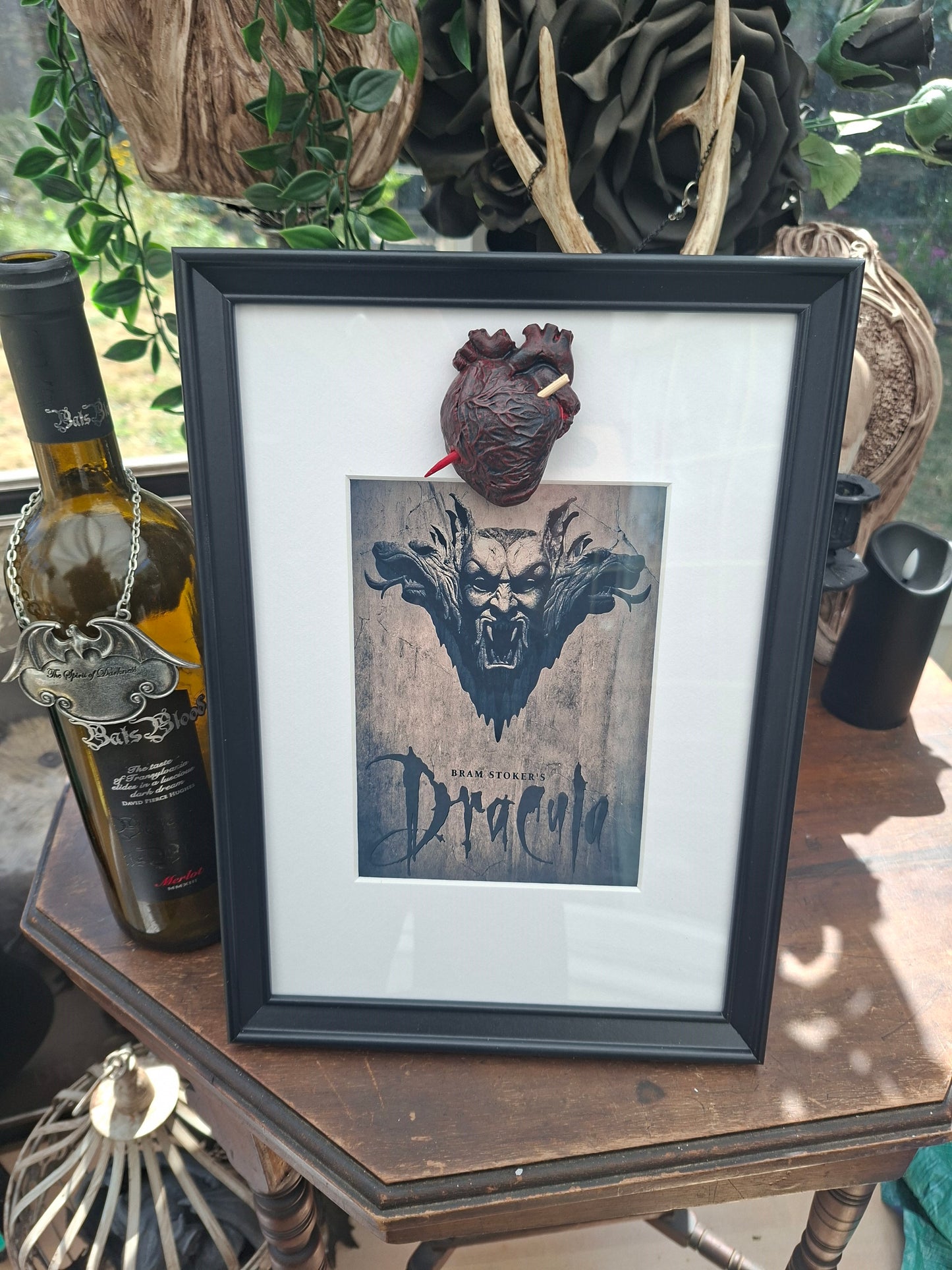 Unique Upcycled recycled art Frame ,Dracula inspired "Staked heart":goth witchy homeware