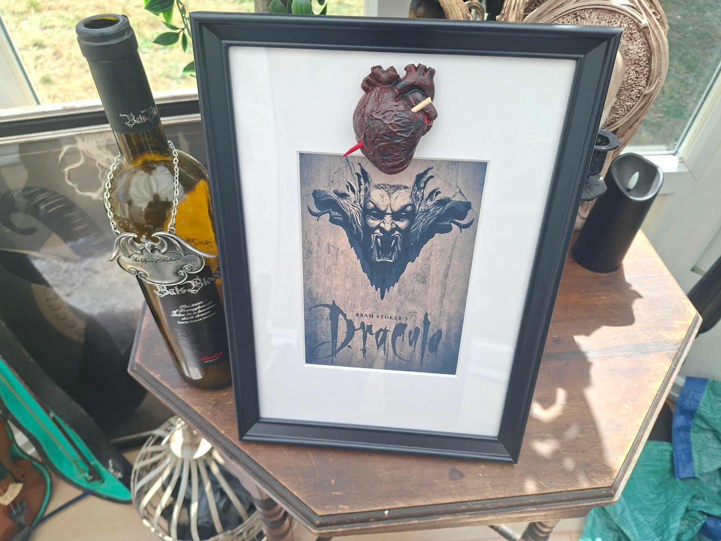 Unique Upcycled recycled art Frame ,Dracula inspired "Staked heart":goth witchy homeware