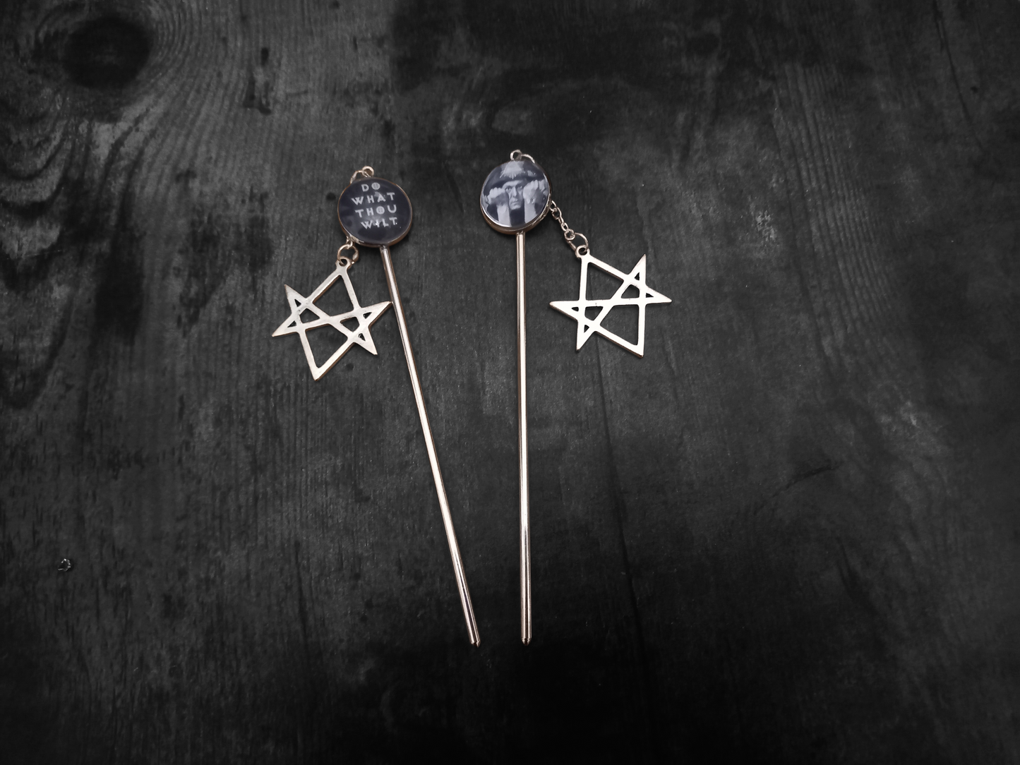 Goth Gothic Witchy witch witchcraft  Occultist Satanic Aleister Crowley "Thelema" hair stick with unicursal hexagram