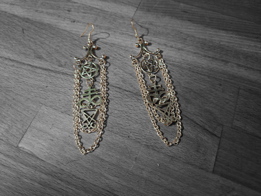 Oddity Curiosity Goth Gothic Witchy witchcraft occult satanic "Chandelier" satanic trinity with chains earrings