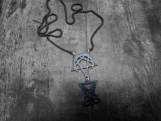 Sigil of Satan, inverted pentagram in crescent moon Black Stainless Steel necklace ,witchy Occult satanic
