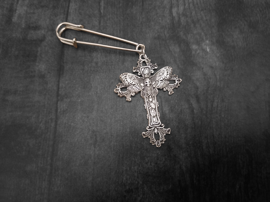 Goth Gothic Witchy Witch Killstar "Death Head Moth in ornate cross" kilt pin brooch