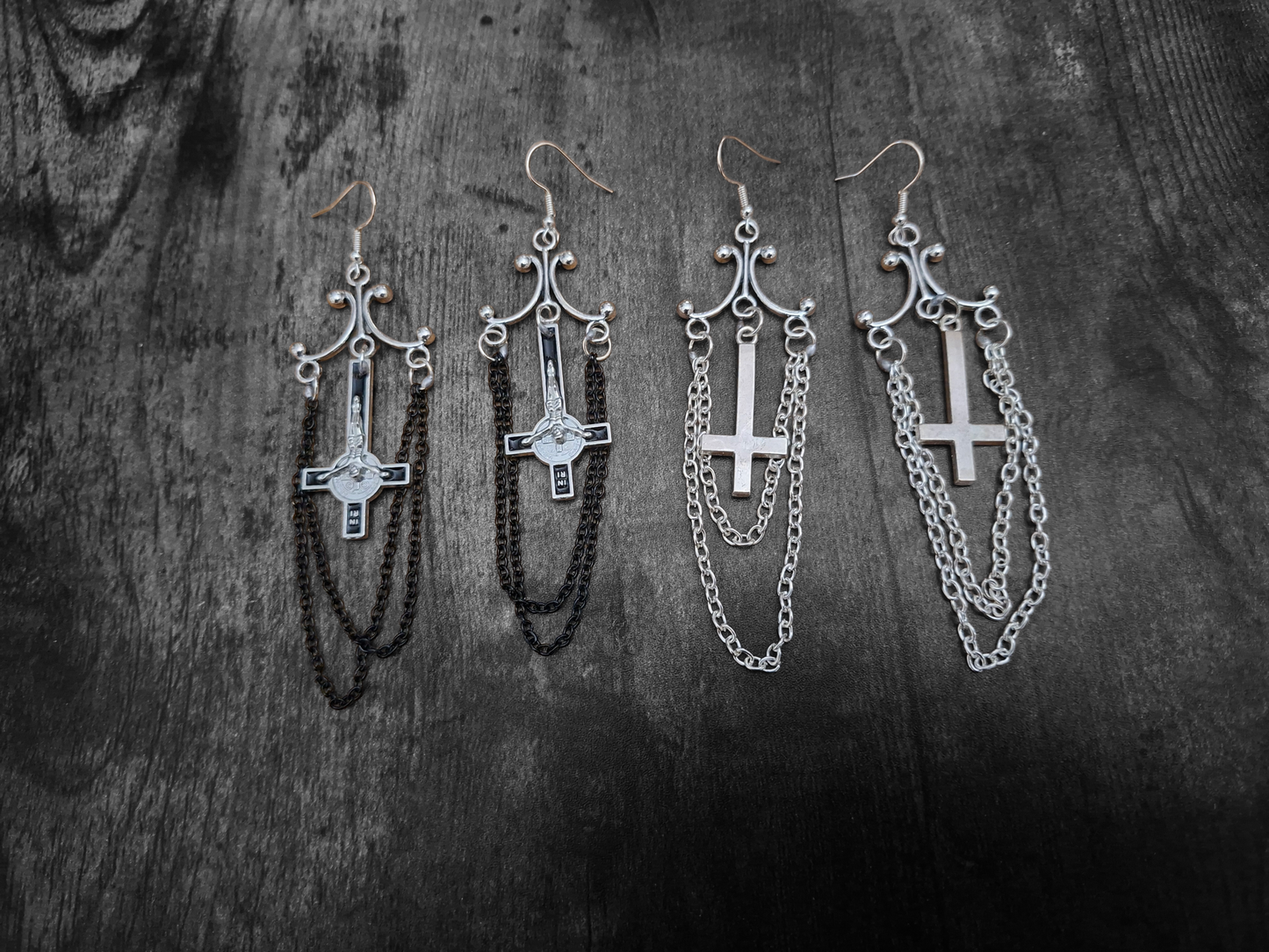 Oddity Curiosity Goth Gothic Witchy witchcraft occult satanic "Chandelier" inverted cross with chains  earrings