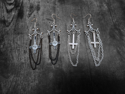 Oddity Curiosity Goth Gothic Witchy witchcraft occult satanic "Chandelier" inverted cross with chains  earrings