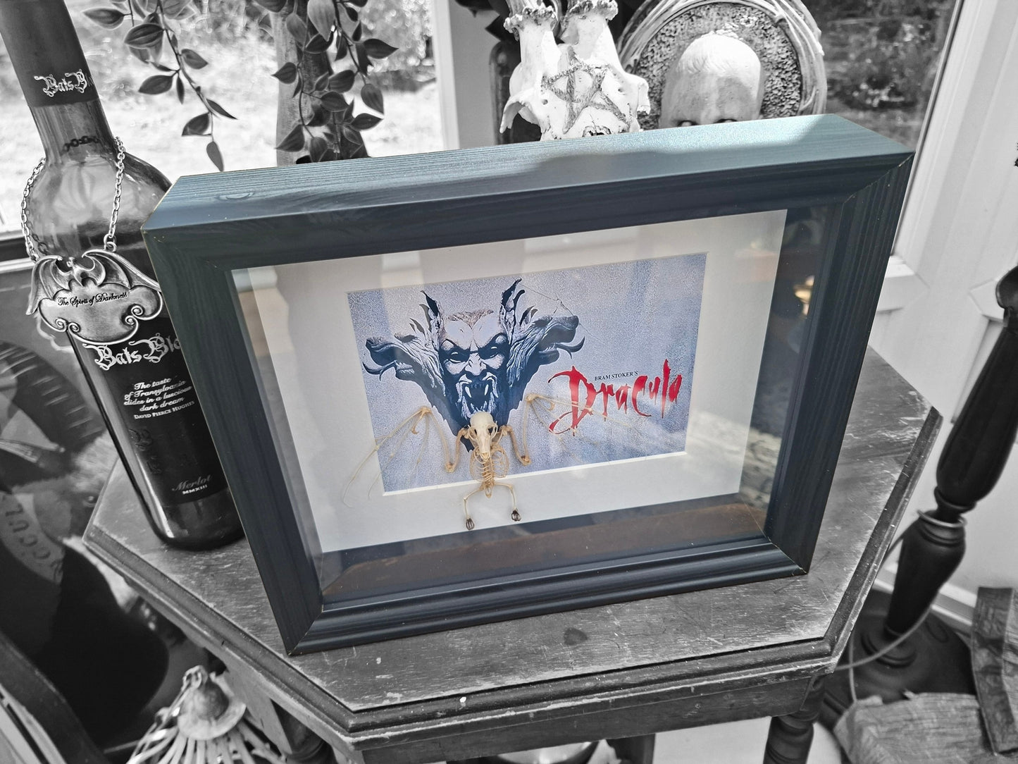 Bat Skeleton Taxidermy framed Art ,with Francis Ford Coppola's "dracula" inspired background  , Oddity Curiosity Gothic Witchy Homewares