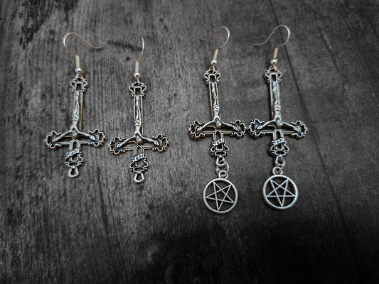Witchy goth satanic occult witchcraft , Inverted Crucifix Earrings with Pentagram, Ritual Jewelry