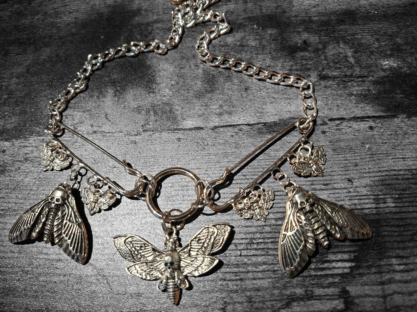 Kilt pin necklace ,Death head moths :Gothic witchy pagan aesthetic