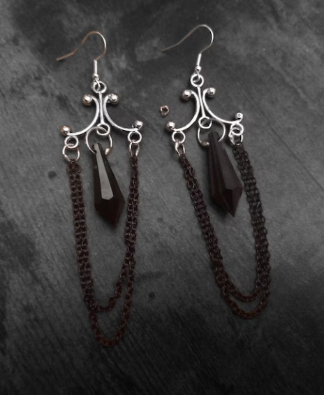Oddity Curiosity Goth Gothic Witchy Killstar "Chandelier" Black chains and acrylic crystal earrings