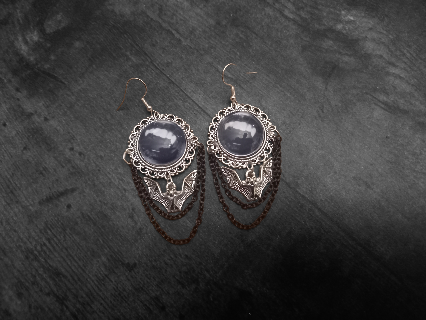 Goth Gothic Witchy Killstar Vampire " FANGS" deluxe ornate earrings with bat charm And chains
