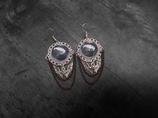 Goth Gothic Witchy Killstar Vampire " FANGS" deluxe ornate earrings with bat charm And chains