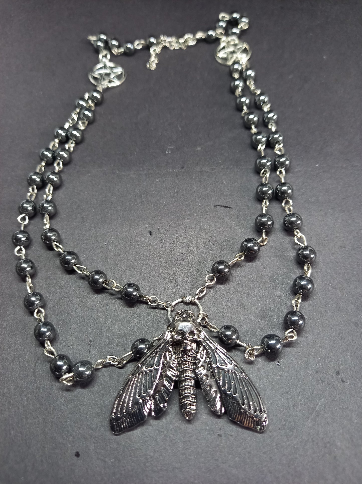 Witchcraft Pagan "Death head moth with pentagrams" double layer witch rosary