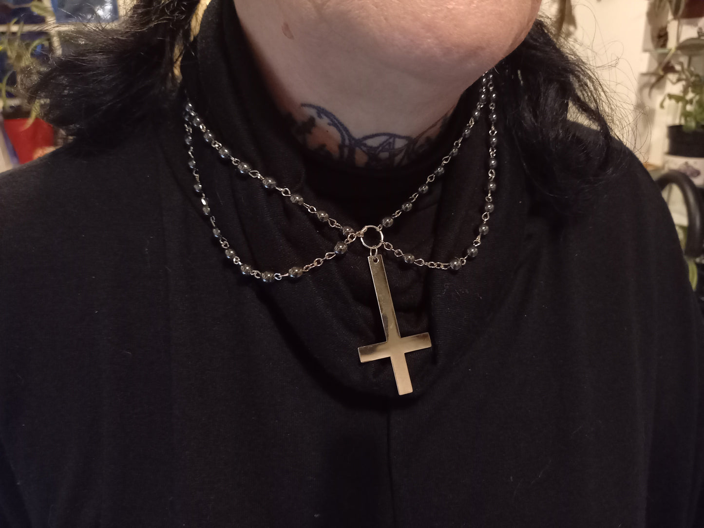 witch witchcraft Satanic Occult "Stainless steel Inverted cross with inverted pentagrams " double layer rosary