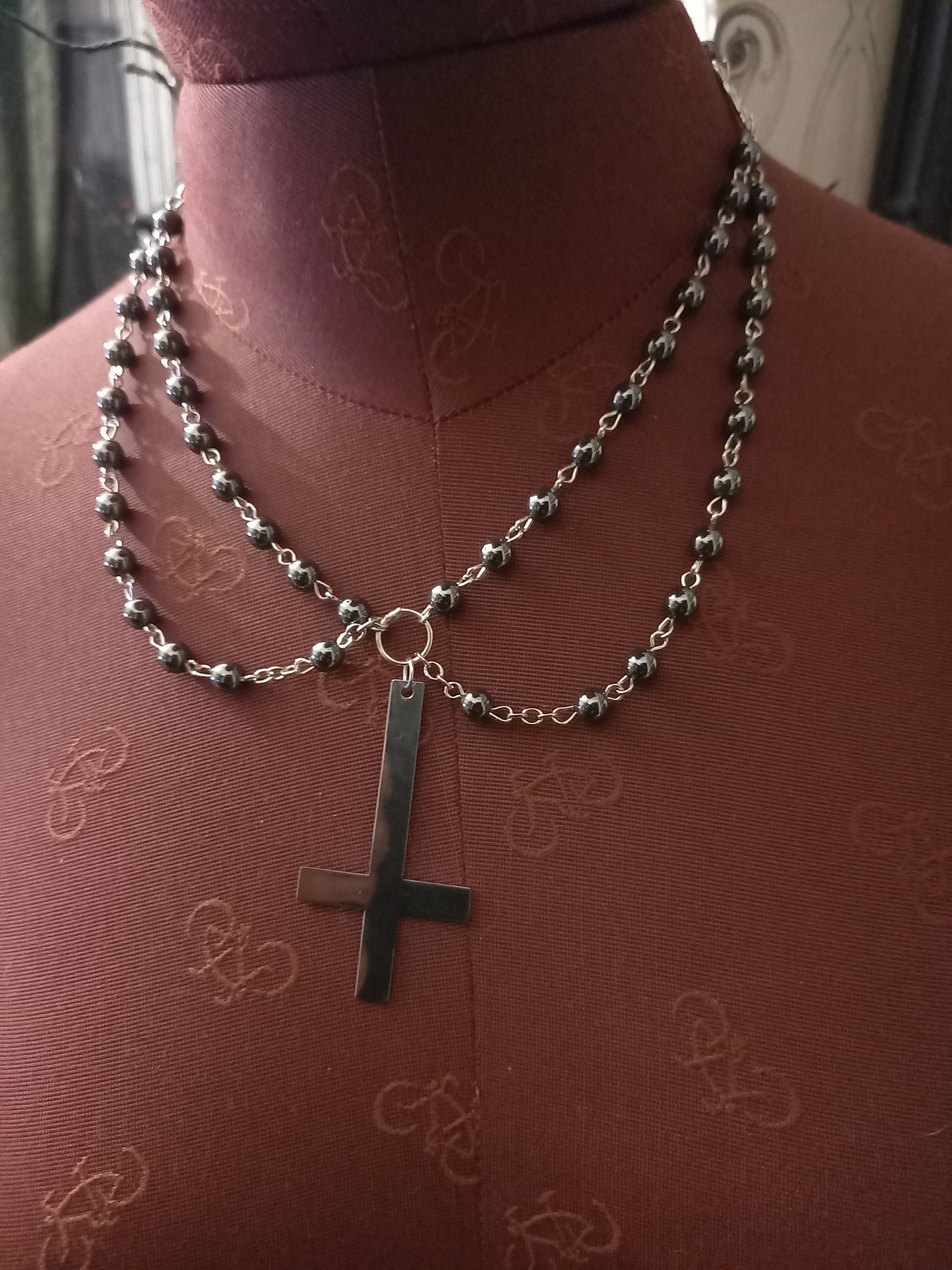 witch witchcraft Satanic Occult "Stainless steel Inverted cross with inverted pentagrams " double layer rosary