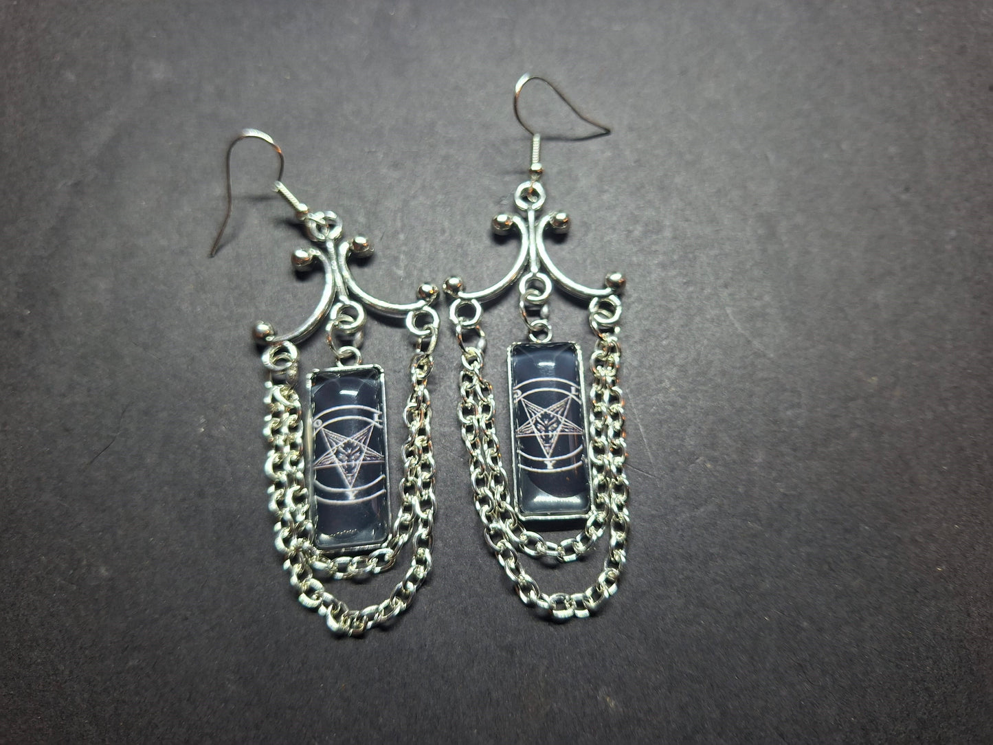Goth Gothic Witchy Occult "Satanic Chandelier" Stainless Steel rectangle image earrings with chains