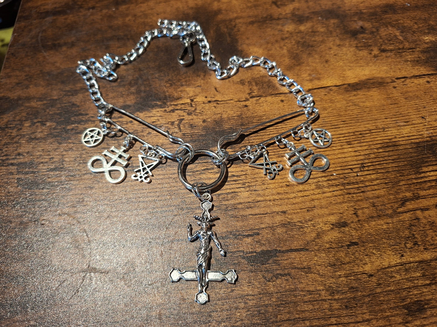Kilt pin necklace ,Baphomet cross,satanic trinity :Gothic witchy satanic aesthetic