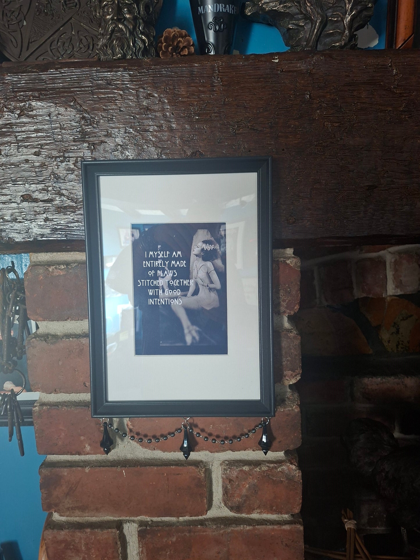 Framed Art , Bride "Good Intentions " with rosary and crystals :Gothic Witchy homewares