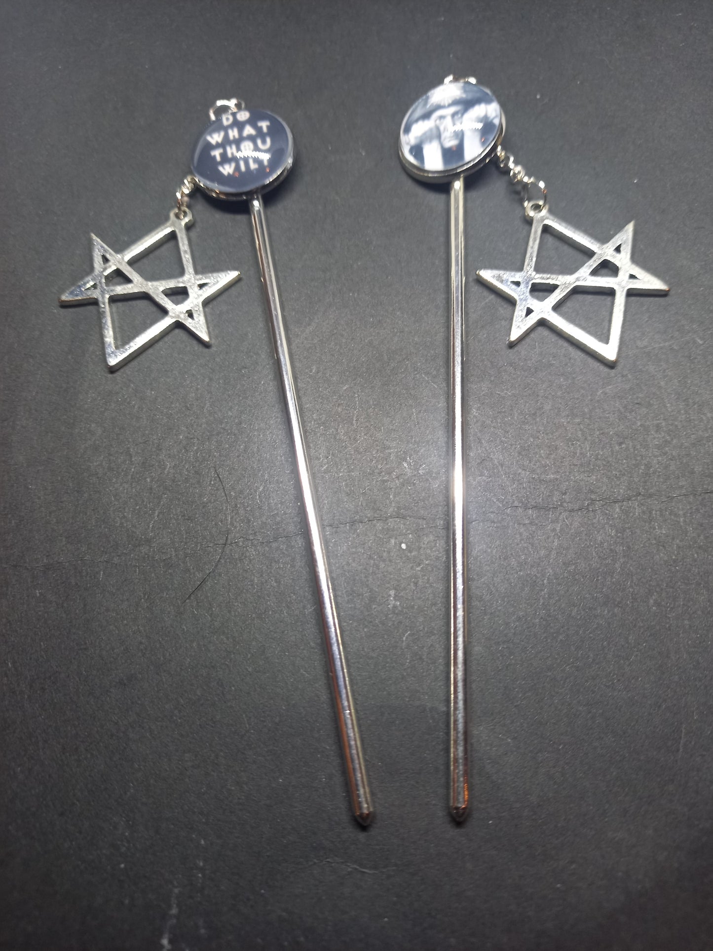 Goth Gothic Witchy witch witchcraft  Occultist Satanic Aleister Crowley "Thelema" hair stick with unicursal hexagram