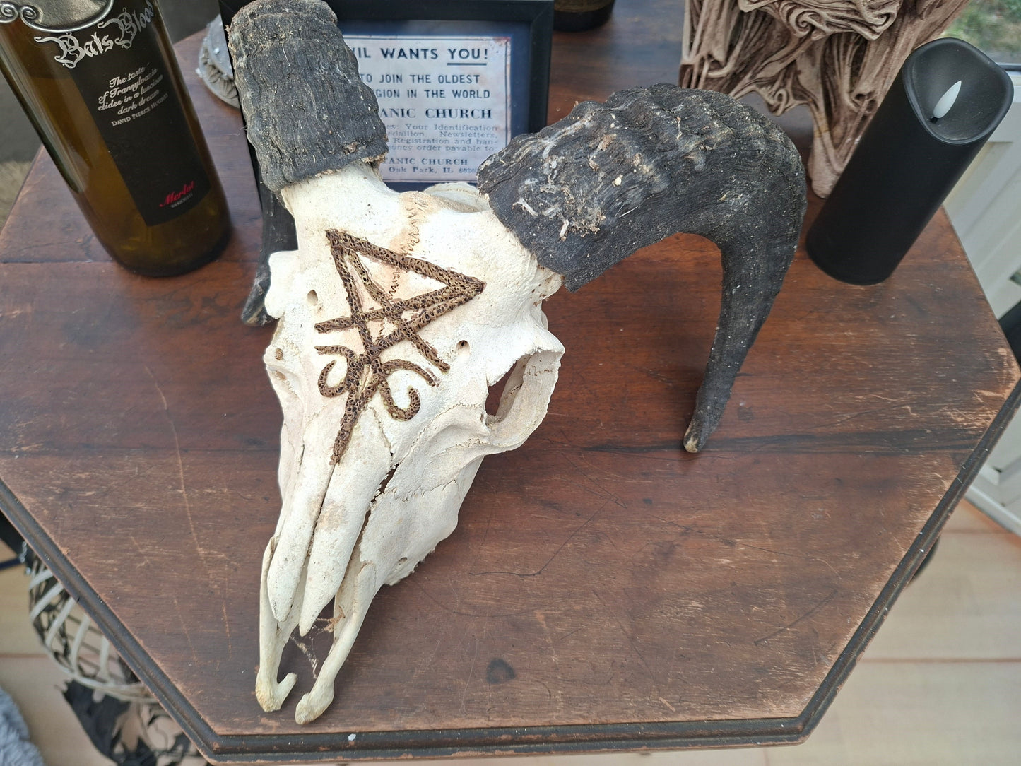 Ram Skull with sculpted "Sigil Of Satan" , Occult Alterware