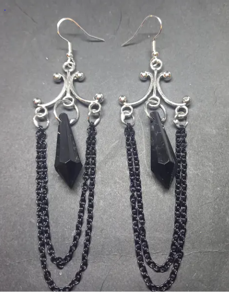 Oddity Curiosity Goth Gothic Witchy Killstar "Chandelier" Black chains and acrylic crystal earrings