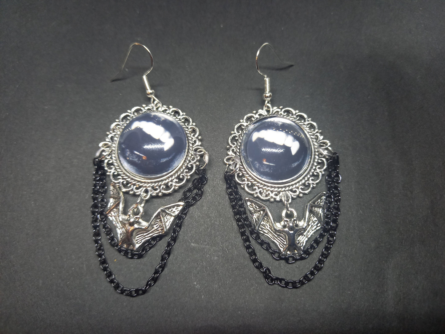 Goth Gothic Witchy Killstar Vampire " FANGS" deluxe ornate earrings with bat charm And chains