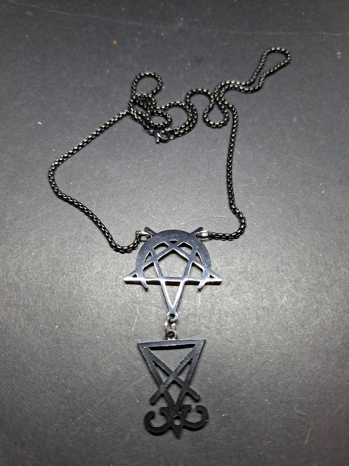 Sigil of Satan, inverted pentagram in crescent moon Black Stainless Steel necklace ,witchy Occult satanic