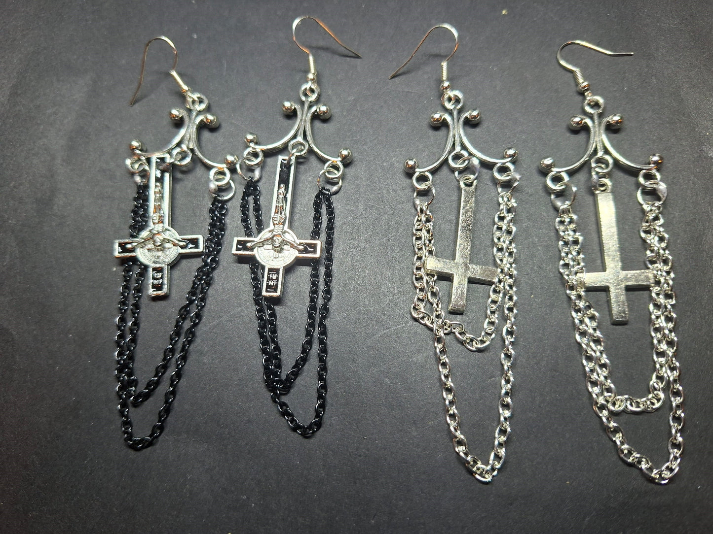 Oddity Curiosity Goth Gothic Witchy witchcraft occult satanic "Chandelier" inverted cross with chains  earrings