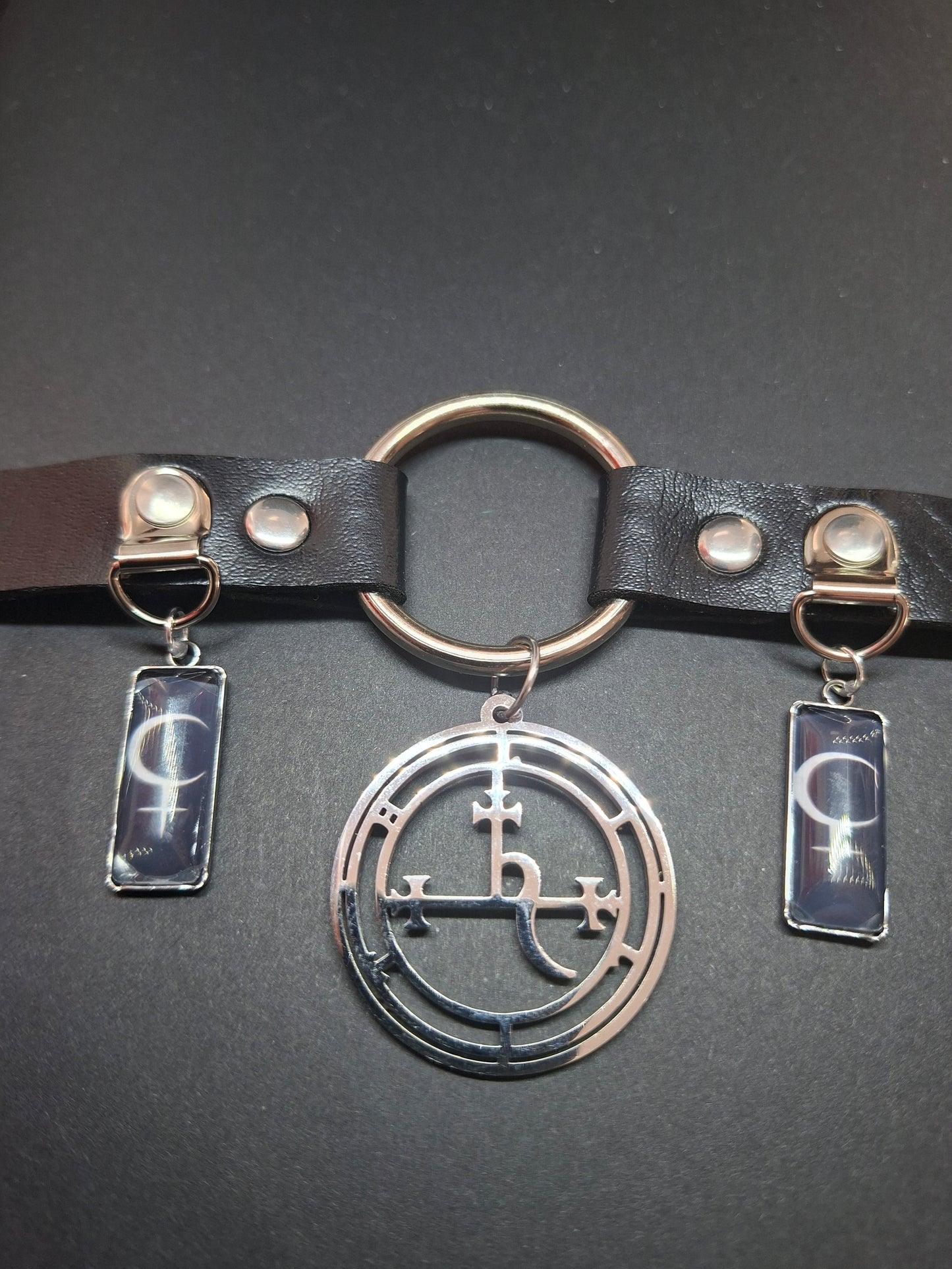 Symbol & Sigil of Lilith UNISEX Black Faux Leather O Ring Collar 2 : Goth Witchy