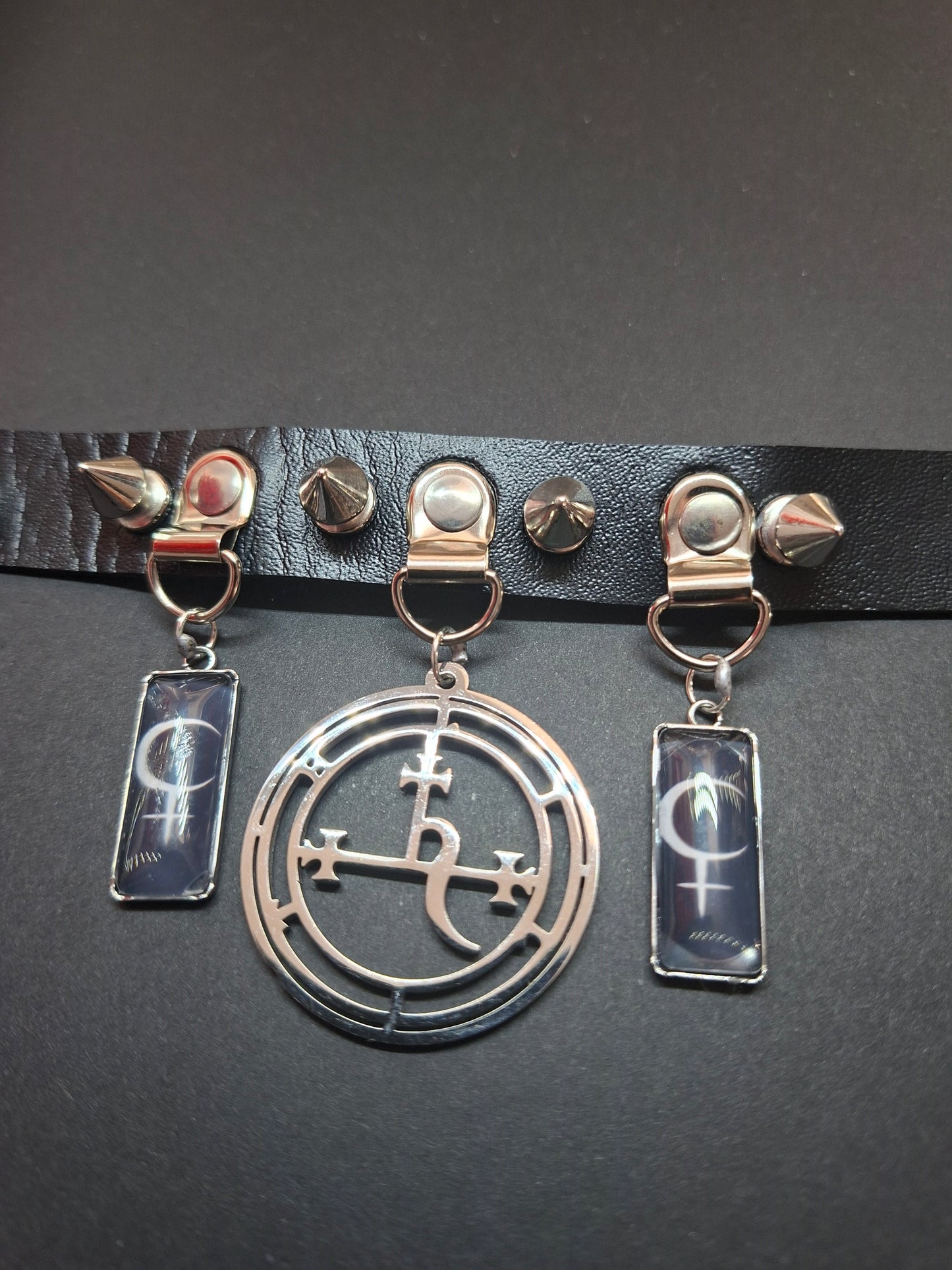 Stainless steel sigil & Symbol of Lilith Black Faux Leather Spiked Collar 2 : Goth Witchy Killstar