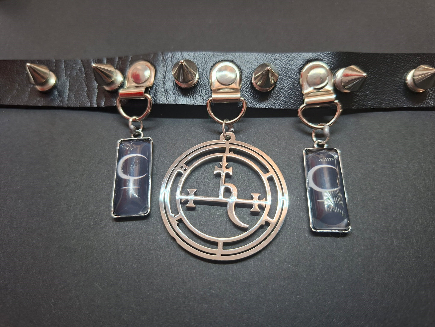Stainless steel sigil & Symbol of Lilith Black Faux Leather Spiked Collar 2 : Goth Witchy Killstar
