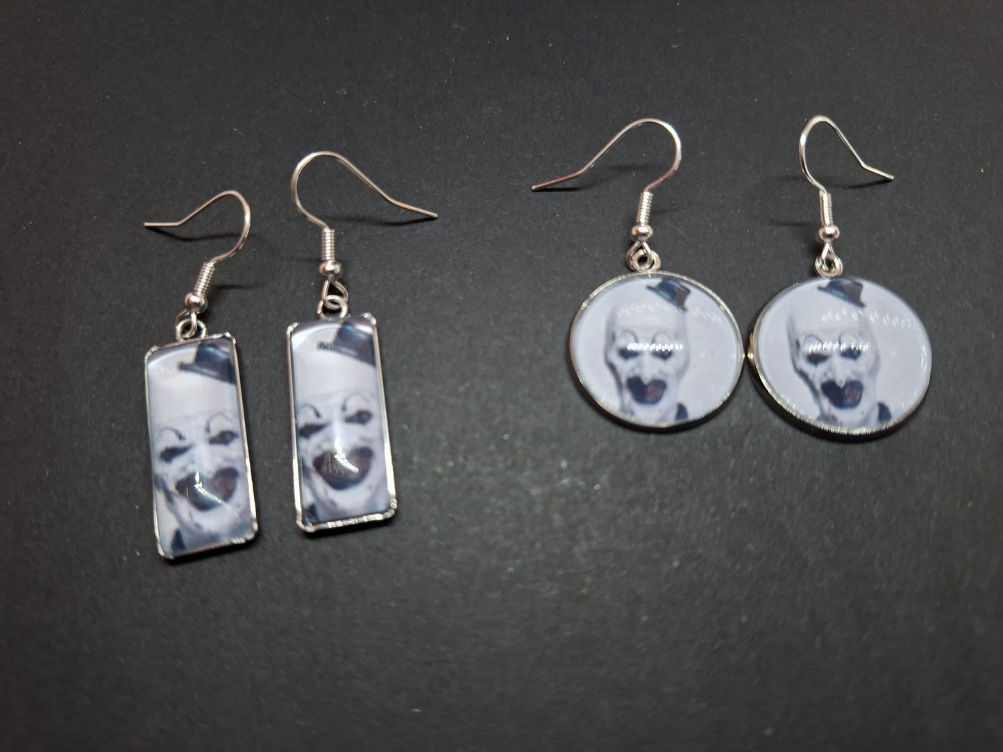 Round & Rectangle image earrings inspired by "Art" the clown from Terrifier