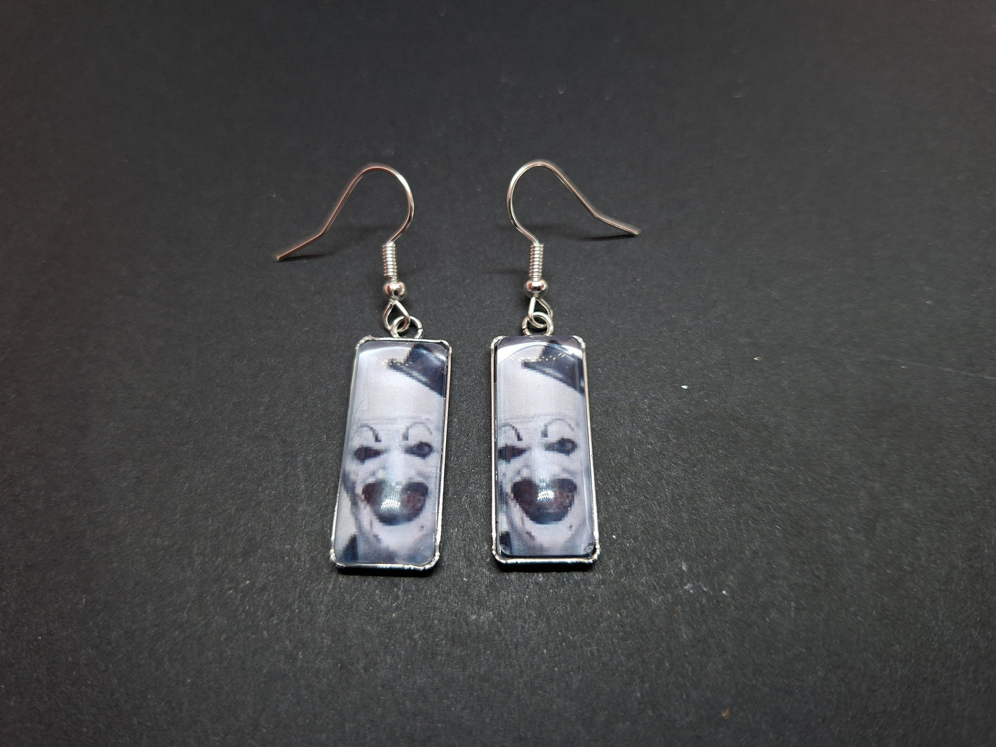 Round & Rectangle image earrings inspired by "Art" the clown from Terrifier