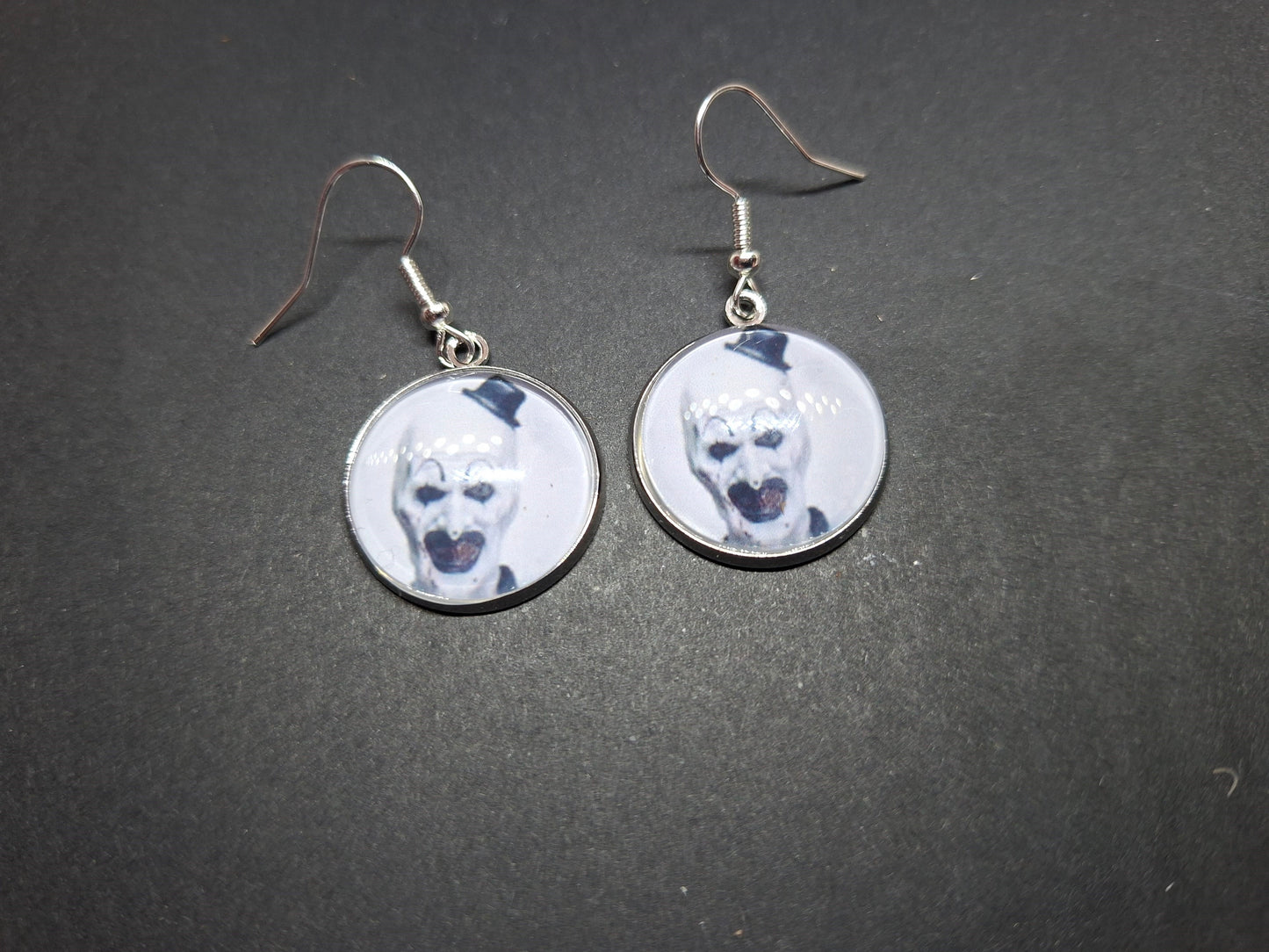 Round & Rectangle image earrings inspired by "Art" the clown from Terrifier