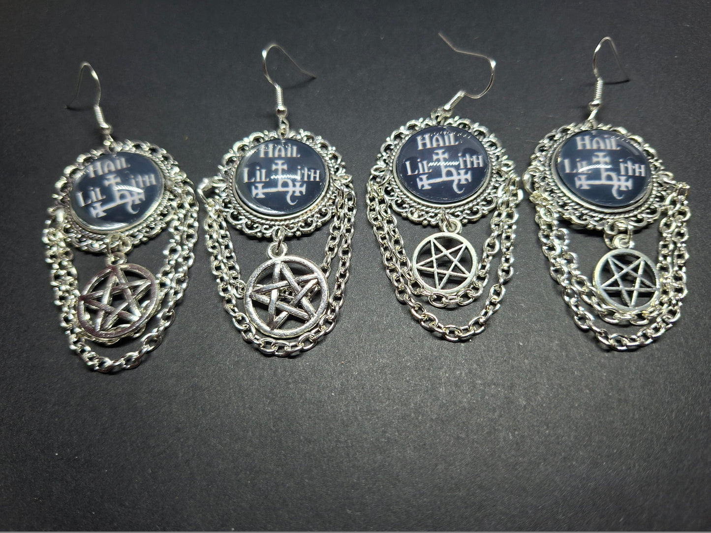 Deluxe Earrings "Hail Lilith" with chains and choice of pentagram : goth witchy occult witch