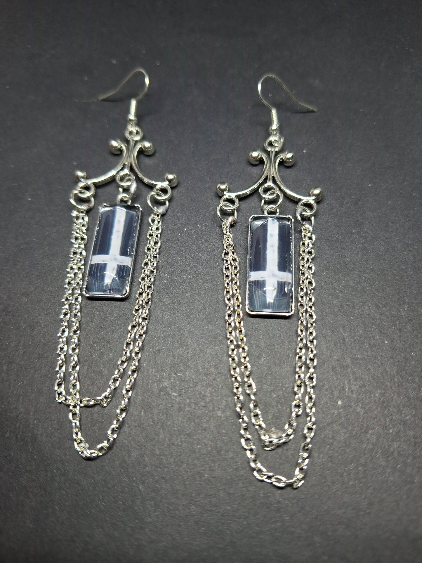 Chandelier earrings" inverted cross image with chains" :Satanic witchy witchcraft goth ritual jewelry