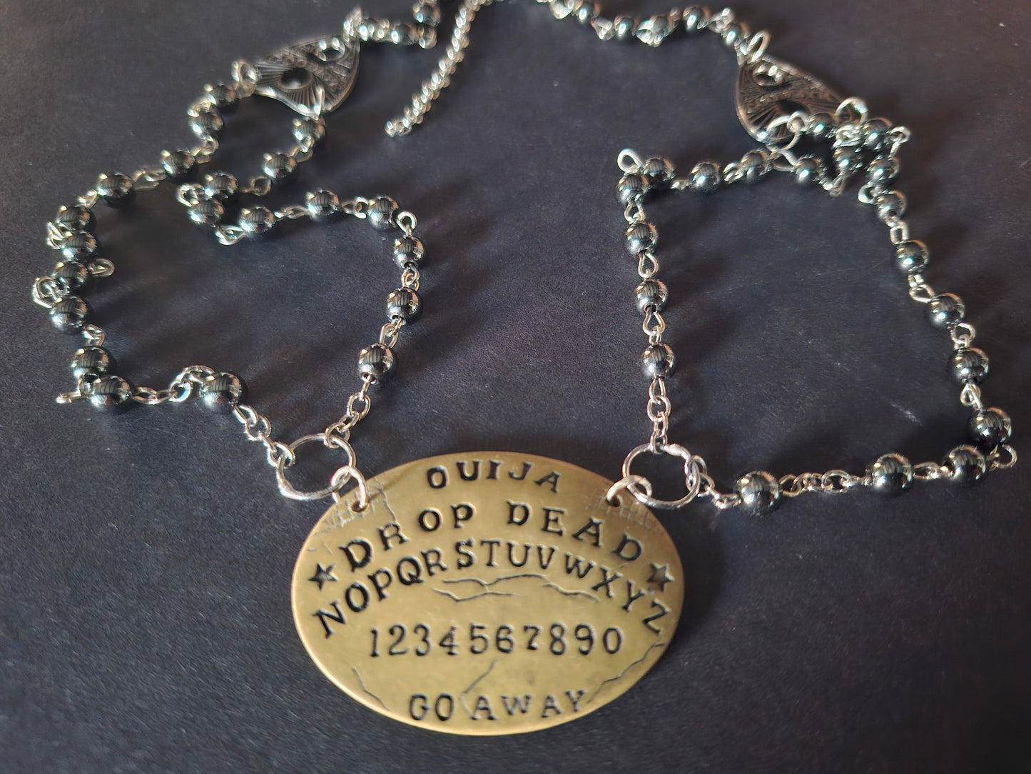 black hammerite double layer rosary , Paranormal spirit board,ouija planchette :gothic witchy occult jewelry