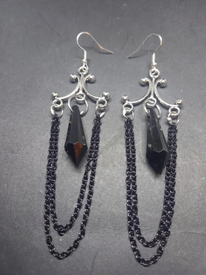 Oddity Curiosity Goth Gothic Witchy Killstar "Chandelier" Black chains and acrylic crystal earrings