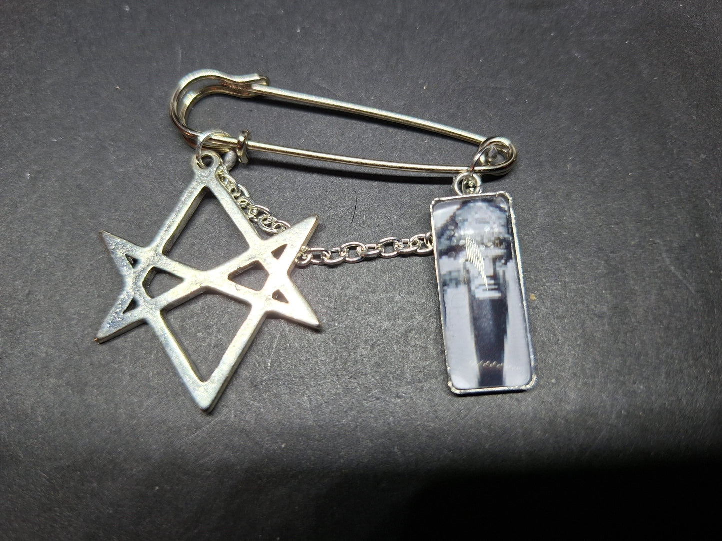 Goth Gothic Witchy Witch satanic occult Aleister Crowley Thelema "Unicursal hexagram" kilt pin brooch