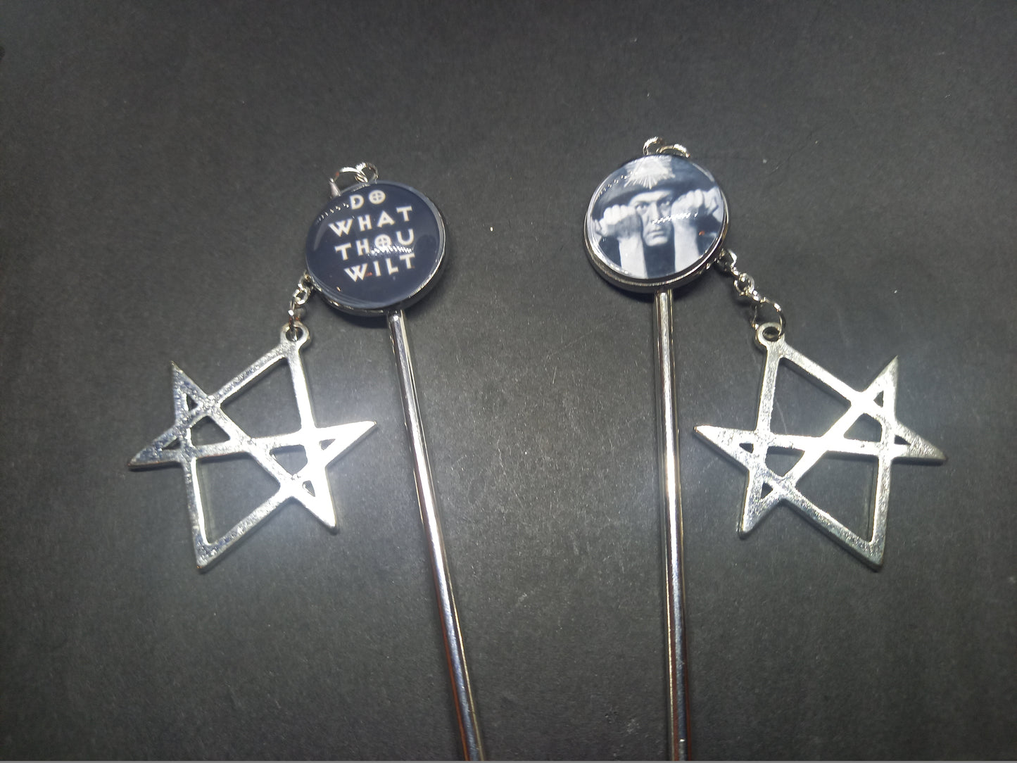 Goth Gothic Witchy witch witchcraft  Occultist Satanic Aleister Crowley "Thelema" hair stick with unicursal hexagram