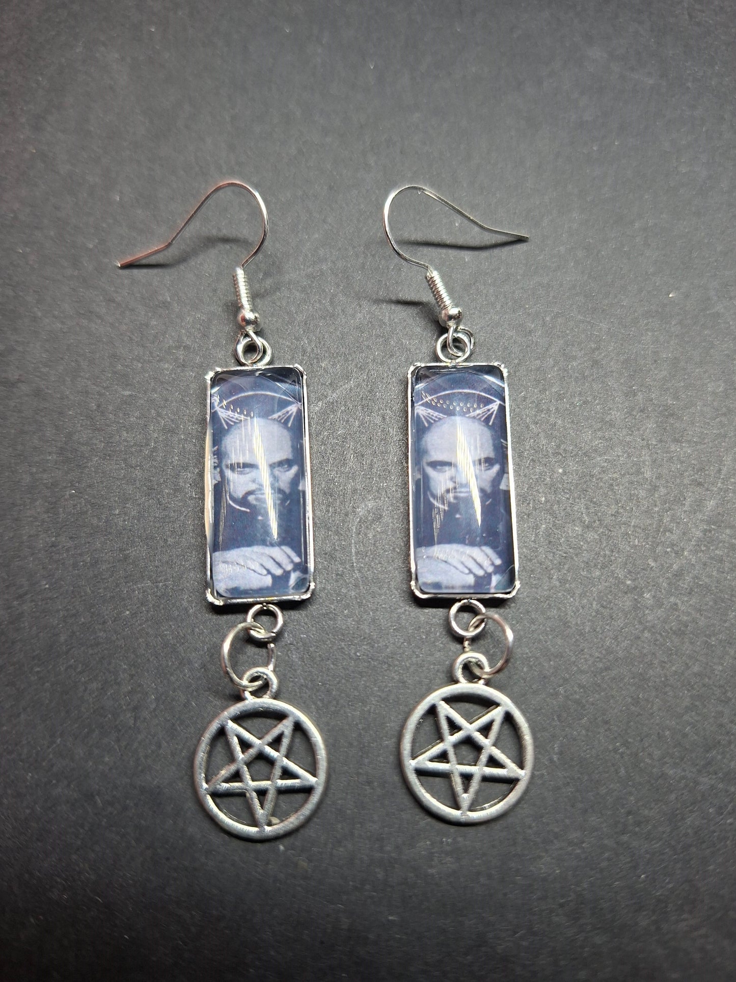 Stainless Steel rectangle image earrings, Satanic Anton LaVey inspired with inverted pentagram