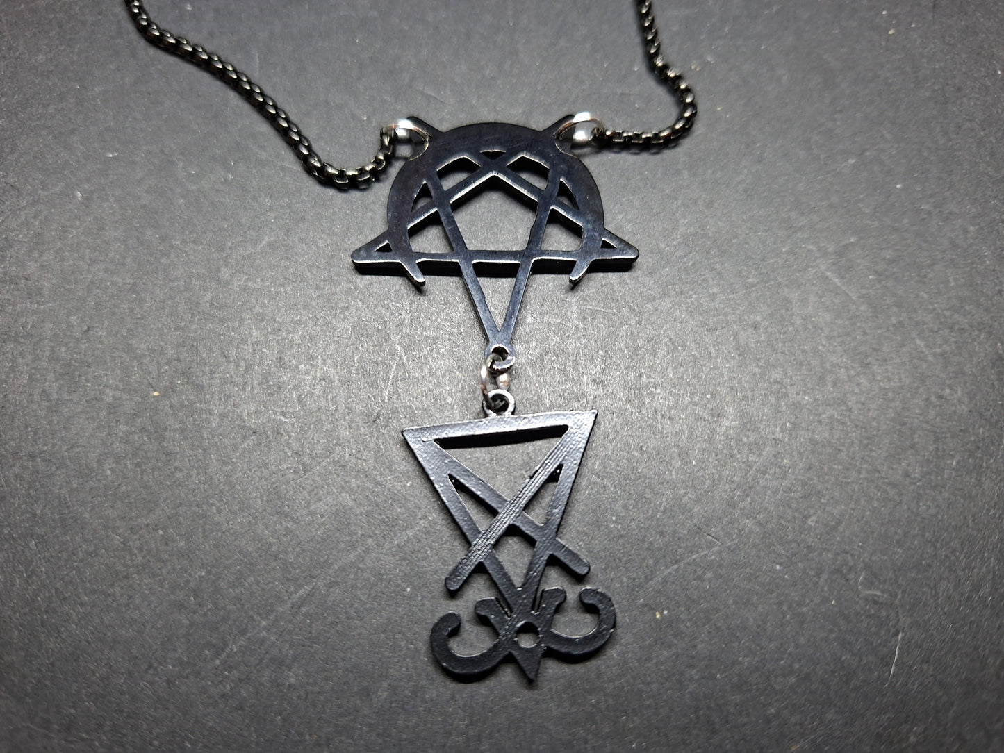 Sigil of Satan, inverted pentagram in crescent moon Black Stainless Steel necklace ,witchy Occult satanic