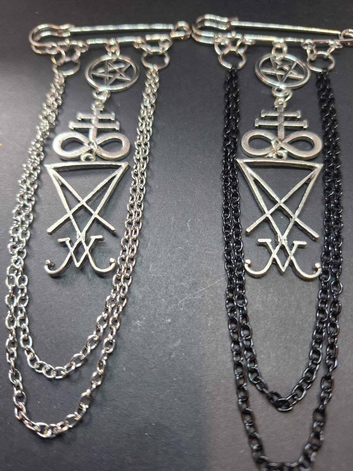 Satanic Trinity Kilt Pin Brooch with Chains – Goth Witchy Occult Wear