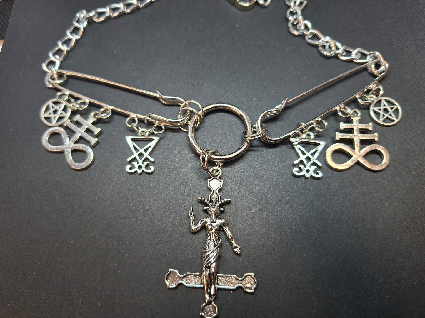Kilt pin necklace ,Baphomet cross,satanic trinity :Gothic witchy satanic aesthetic