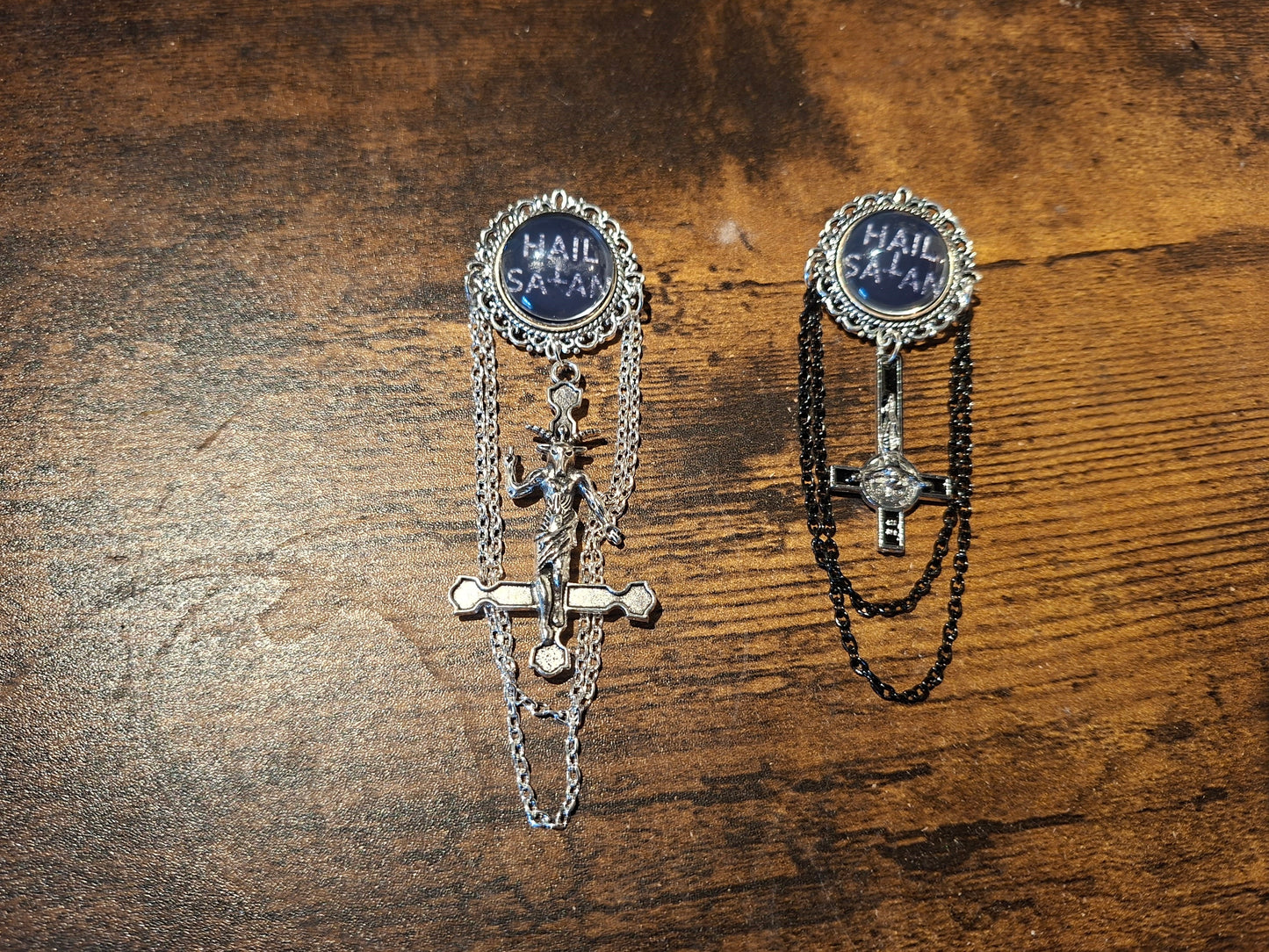 Ornate Satanic "Hail Satan" Brooch with chains and inverted cross :Occult goth witchy