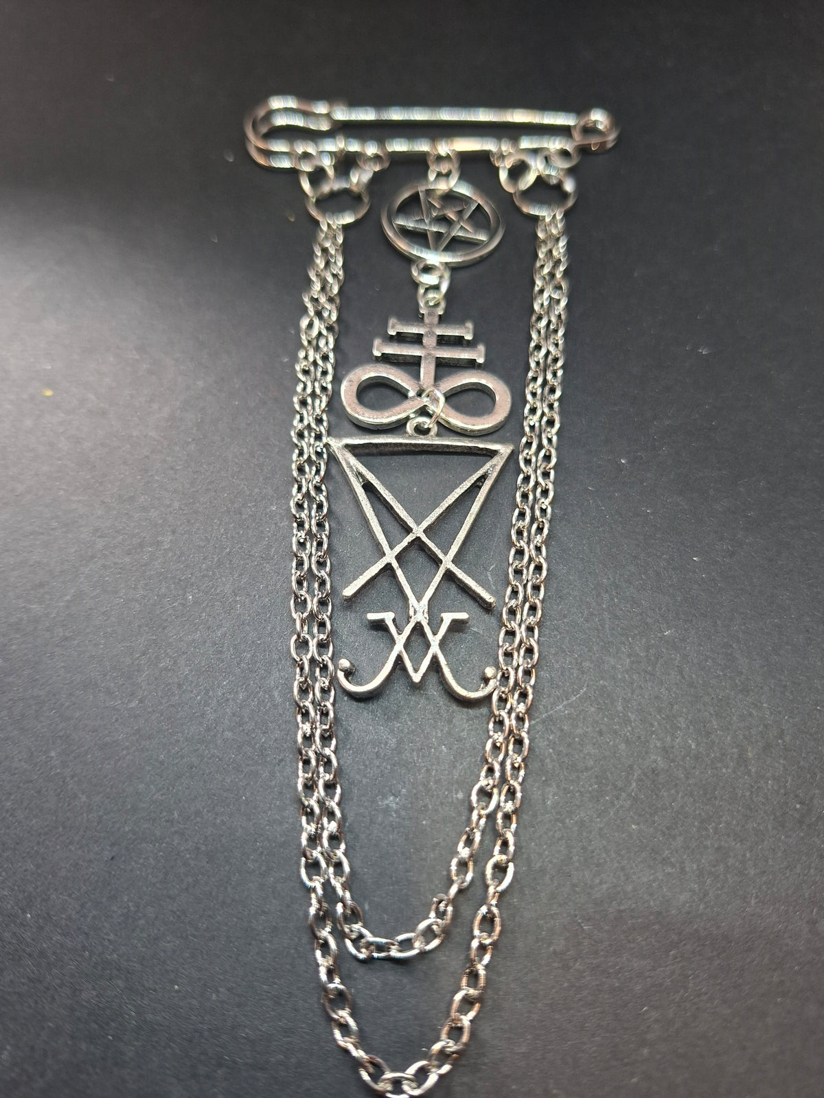 Satanic Trinity Kilt Pin Brooch with Chains – Goth Witchy Occult Wear