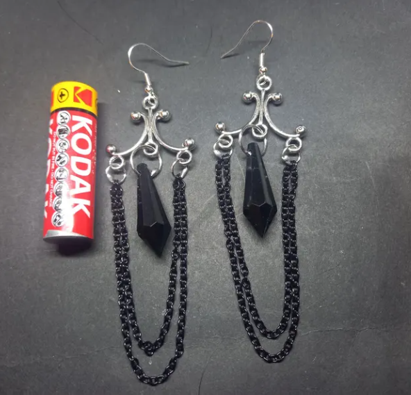 Oddity Curiosity Goth Gothic Witchy Killstar "Chandelier" Black chains and acrylic crystal earrings