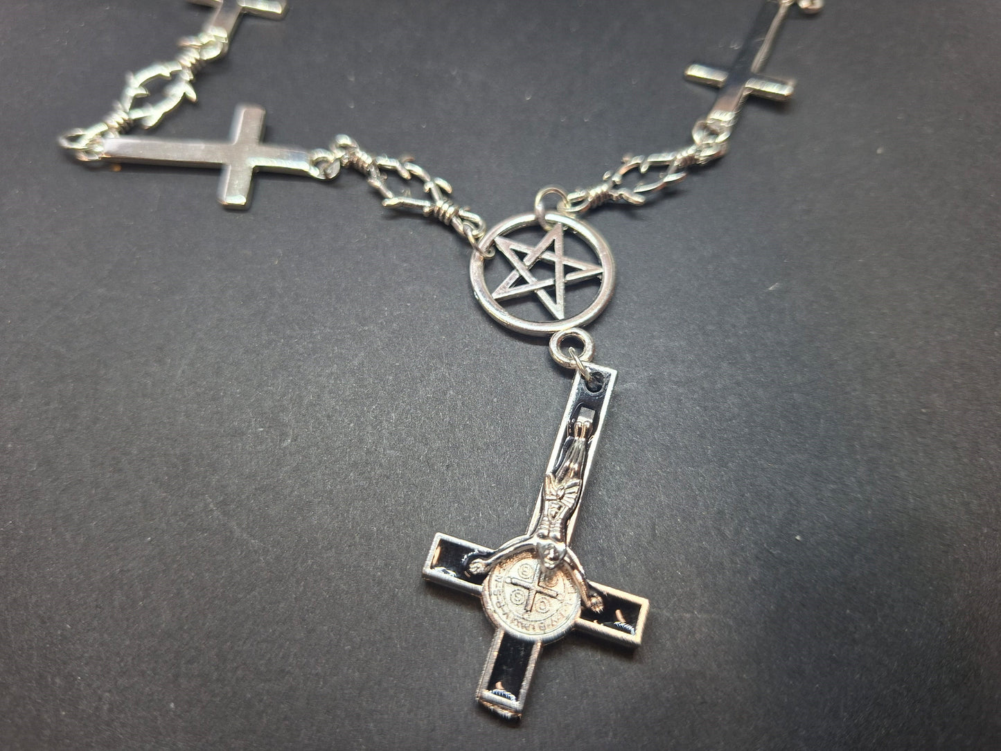 Small Inverted Crucifix & Pentagram Necklace • Goth Witchy Occult Jewellery