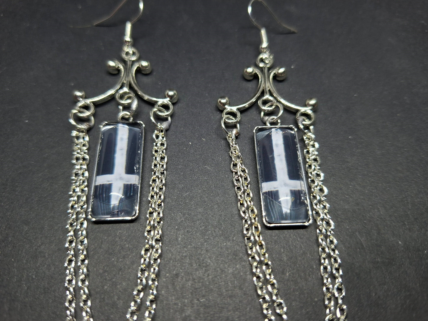 Chandelier earrings" inverted cross image with chains" :Satanic witchy witchcraft goth ritual jewelry